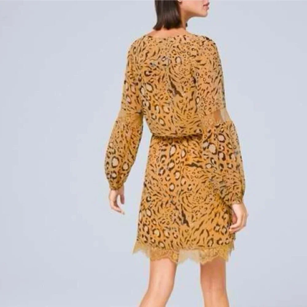WHBM Long Sleeve Animal Print Blouson Dress with Lace Trim, Size 6